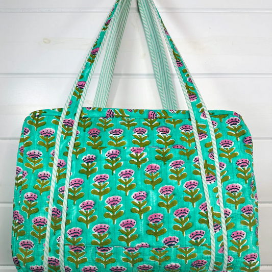 Aqua Floral Print Weekender Handmade quilted duffle bag