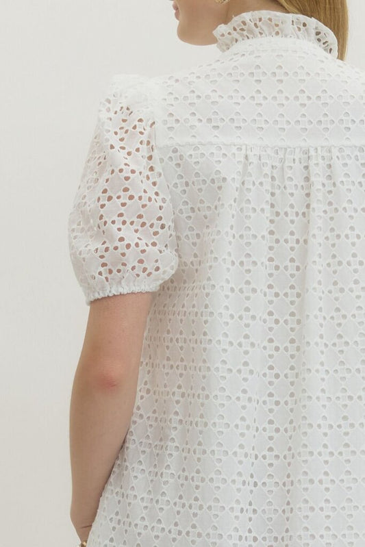 White Eyelet Puff Sleeve Midi Dress