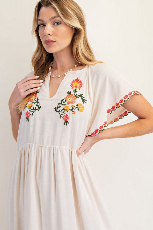 Winged Sleeve Embroidered Midi Dress