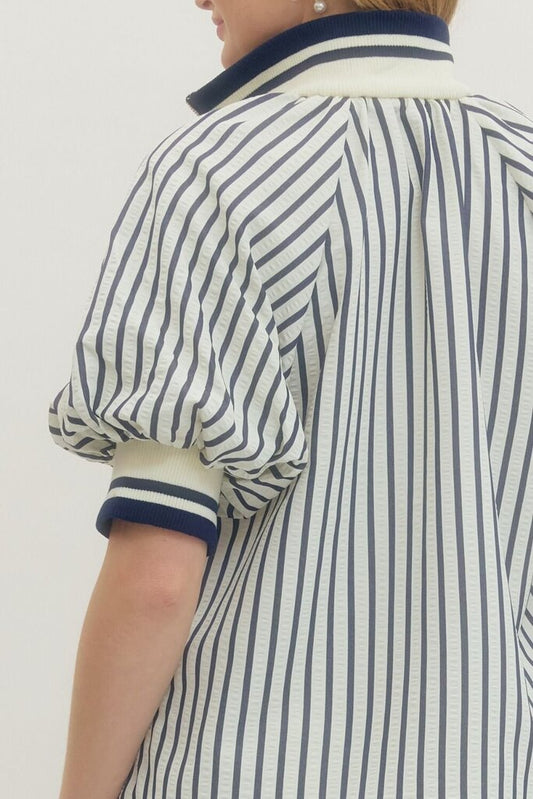 Navy Striped Puff Sleeve Half Zip Top Curvy
