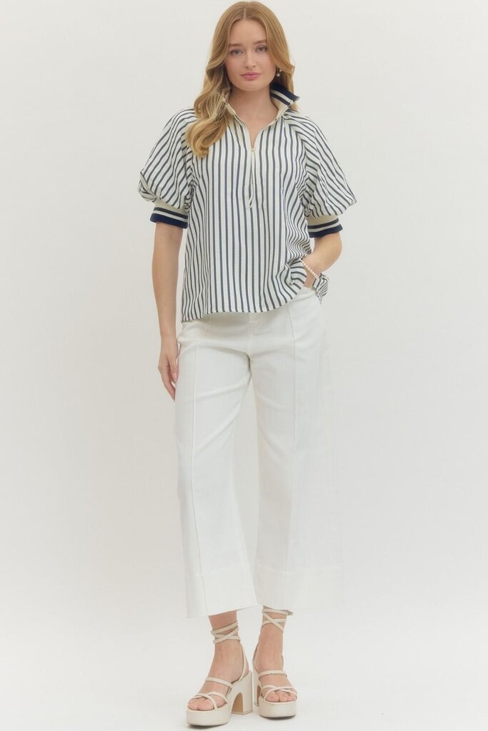 Navy Striped Puff Sleeve Half Zip Top Curvy