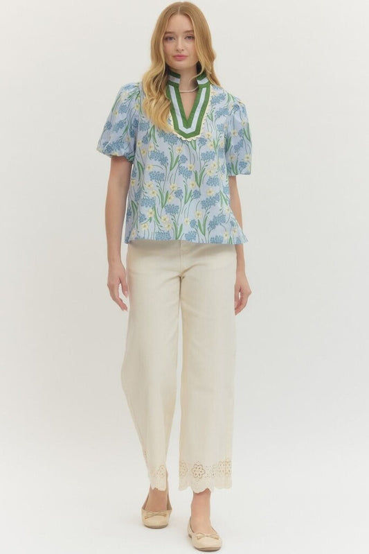Blue Spring Floral V-Neck Top with Contrast Trim