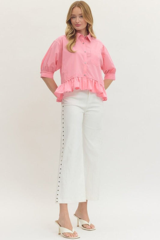Pink Short Sleeve Button Down with Ruffle Hem
