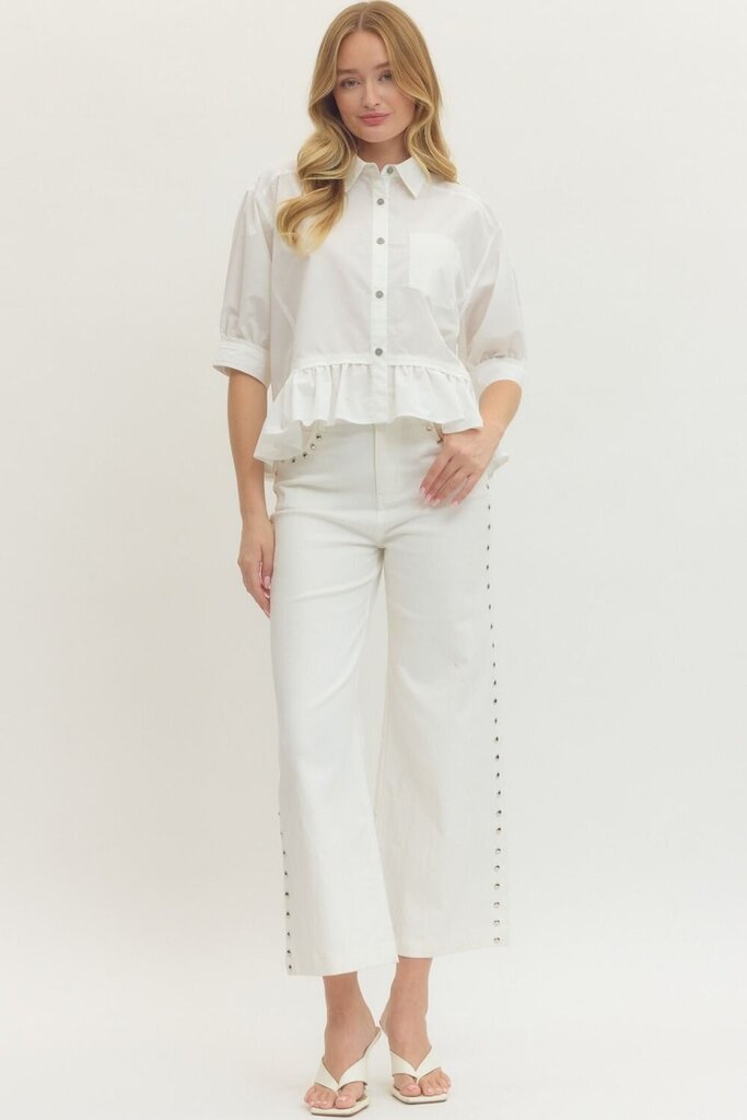 White Short Sleeve Button Down with Ruffle Hem