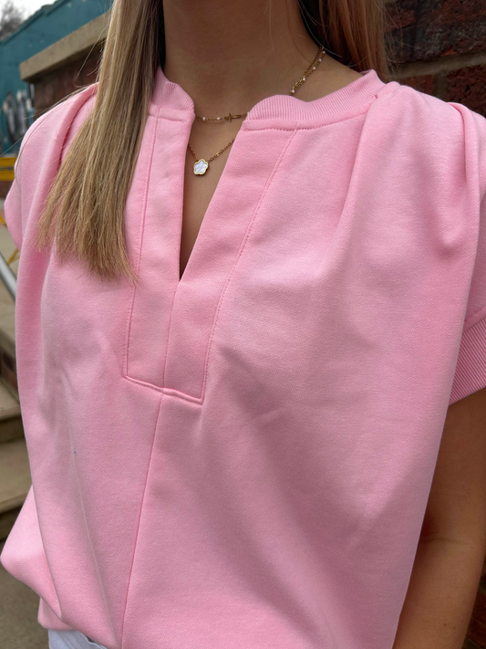 Terry Knit V-Neck Top W/Cap Sleeve