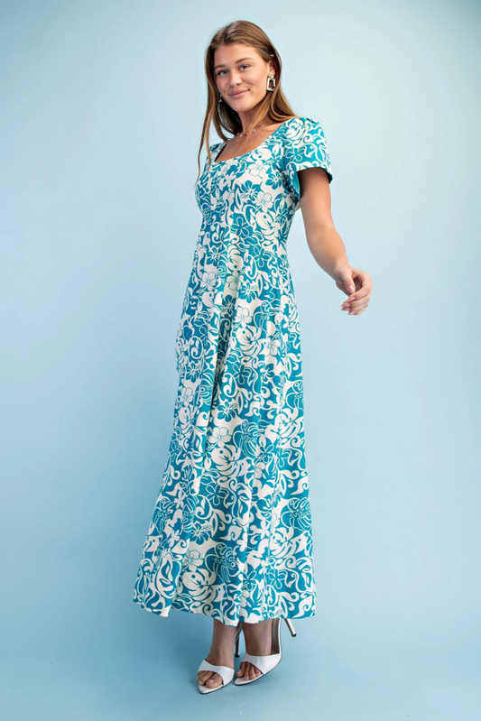 Tropical Print Midi Dress with Short Sleeves/Zipper Back