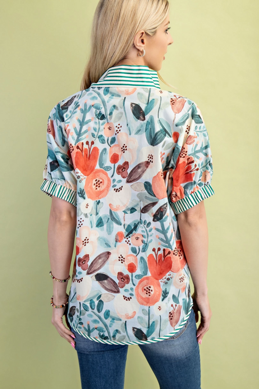 Floral Mock-Neck Top with stripe accent