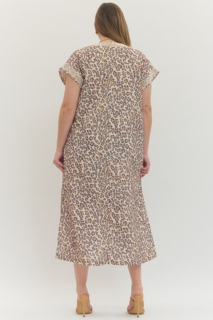 Leopard Print Dress w/ Cord Detail on Neck & Sleeve