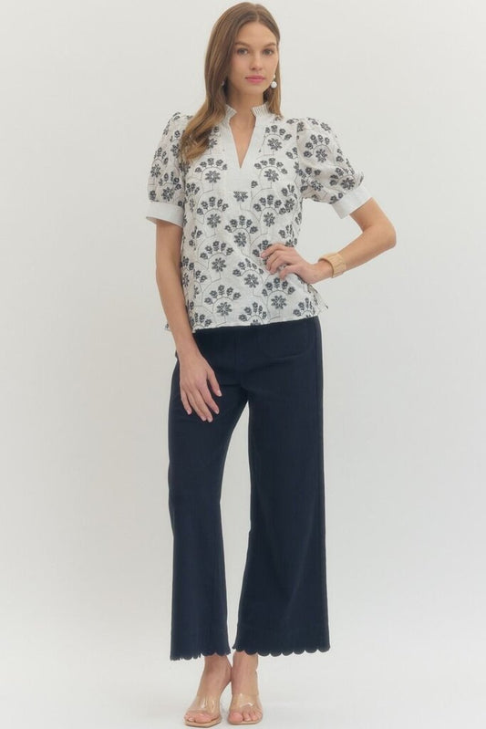 Botanical Print Ruffle Neck Top