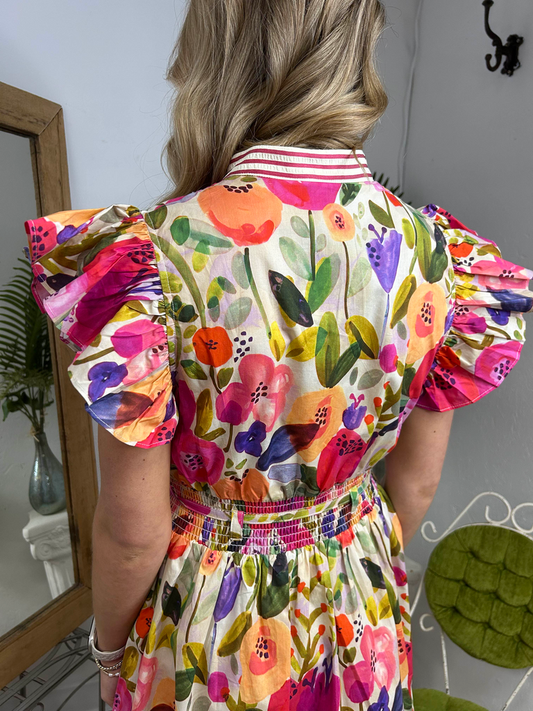 Floral Ruffle Sleeve with stripe accents and waistband