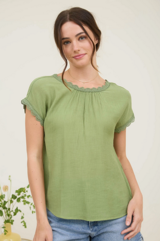Lace Trim Back Bow Top GREEN