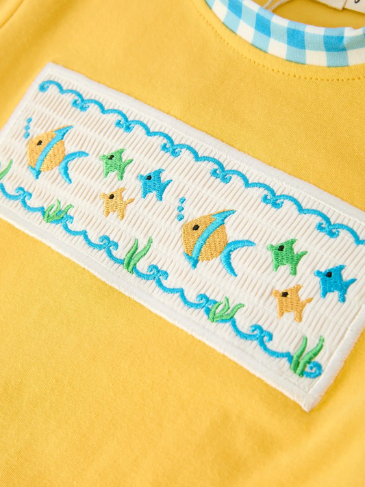 Fish Embroidered Smocking Plaid Boy's Set