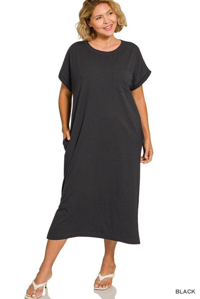 Round Neck SS Midi Dress BLACK- Curvy