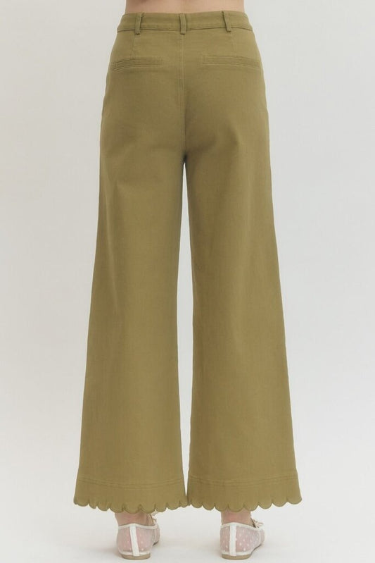 Lt Olive Scalloped Detail High Waist, Wide Leg Pant