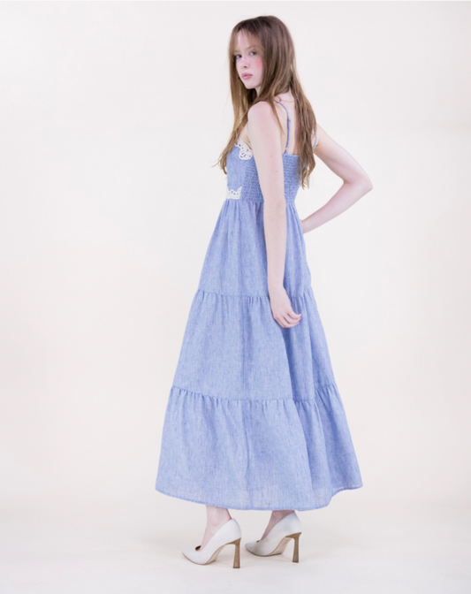 Cottage Lace Trim Chambray Maxi Dress