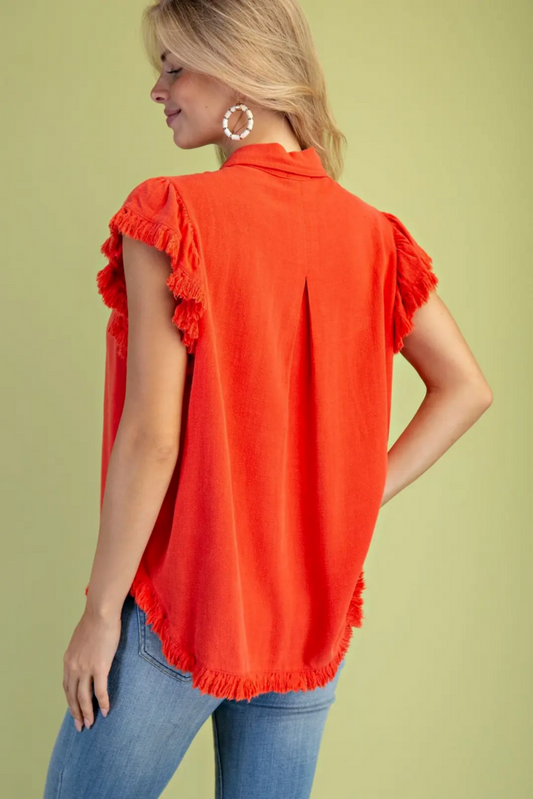 Linen Frayed Flutter sleeve Button Down Top