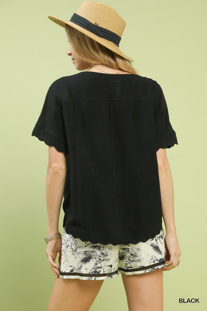 Linen Scalloped Button Front Top