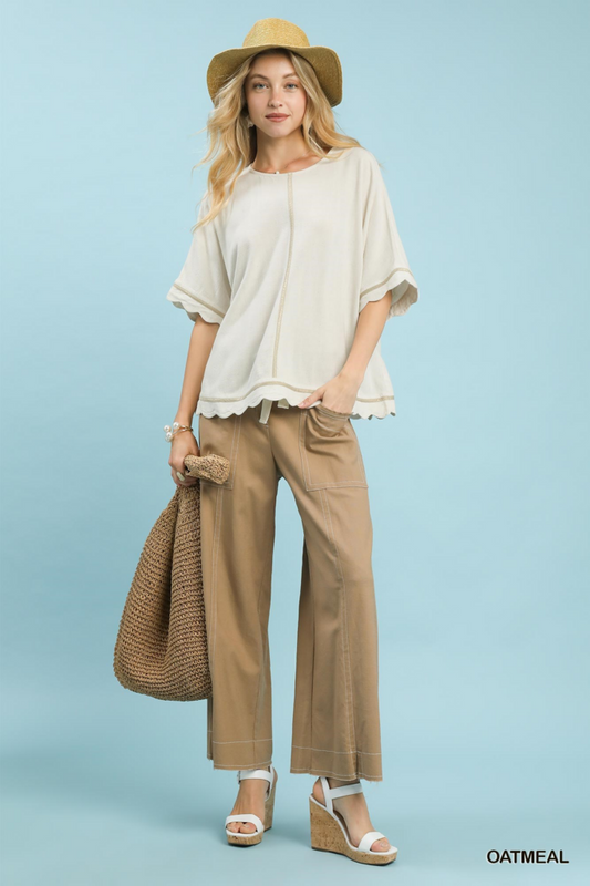 Linen Blend Scalloped Trim Top