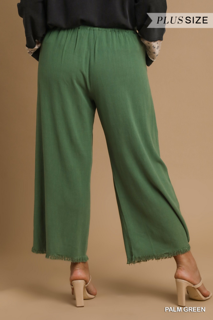 Linen Frayed Hem Wide-Leg Pant PALM GREEN