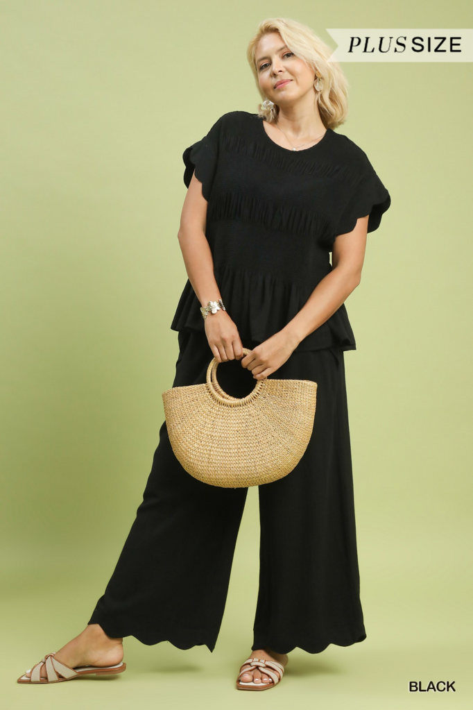Linen Scalloped Hem Pants - BLACK