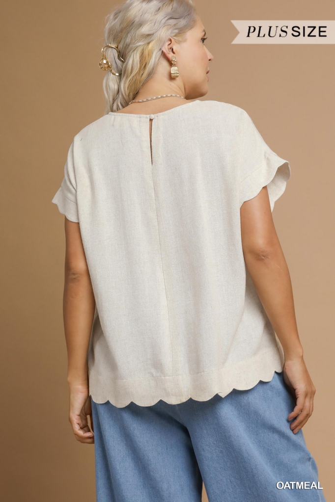 Scalloped Hem Linen Top- OATMEAL