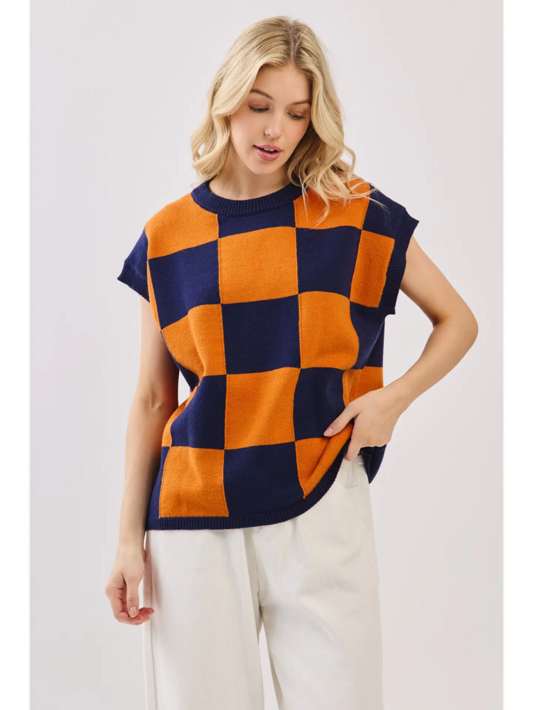 Checkered Knit Sleeveless Top NAVY/ORANGE