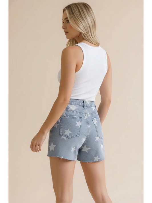Star Print Denim Shorts