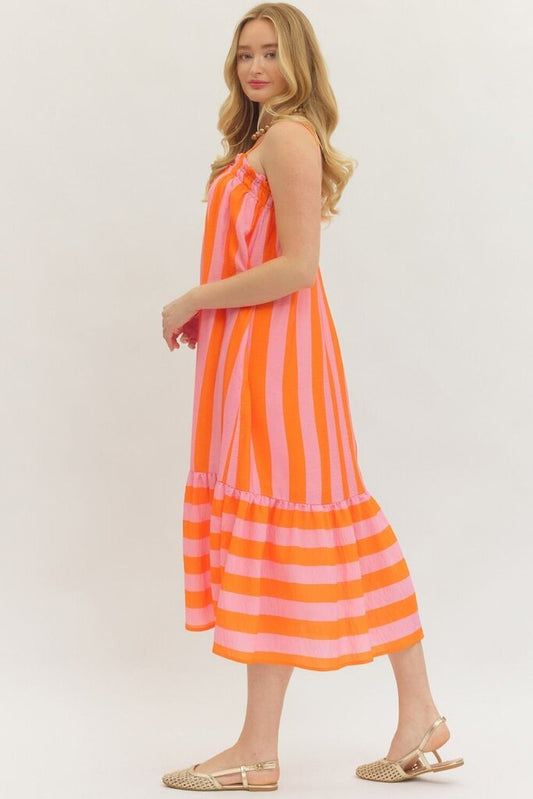 Pink & Orange Stripe Midi Dress