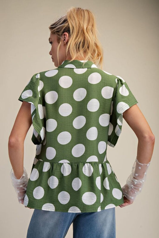 S/S Green Polka Dot Blouse