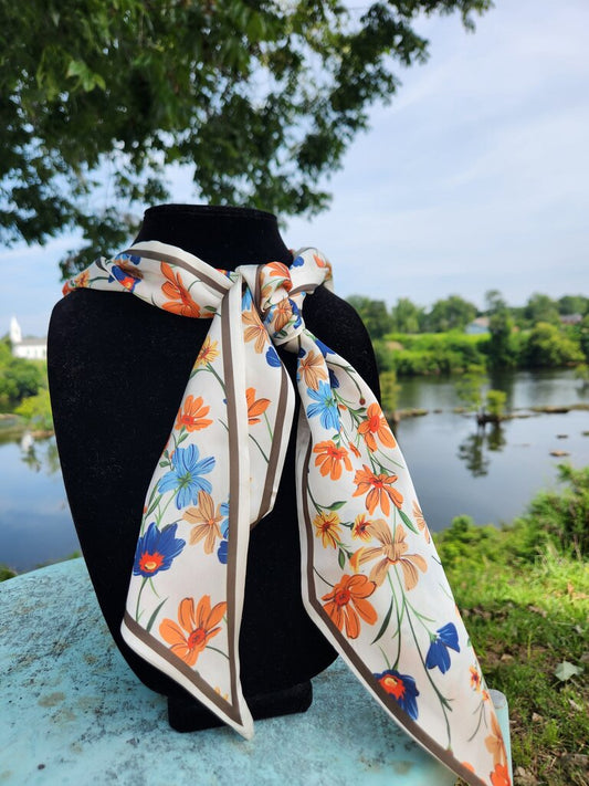 Flower Print Twilly Scarf- Ivory/Multi
