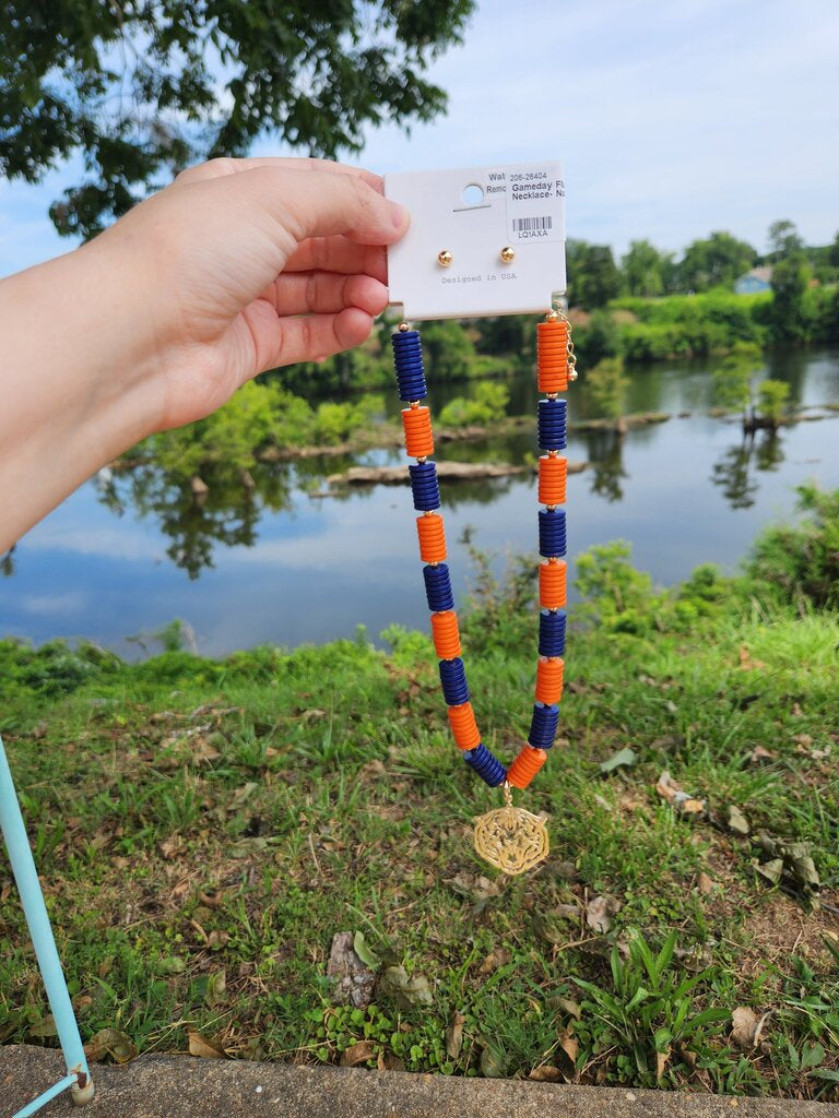 Gameday Flatbed Necklace- Navy/Orange