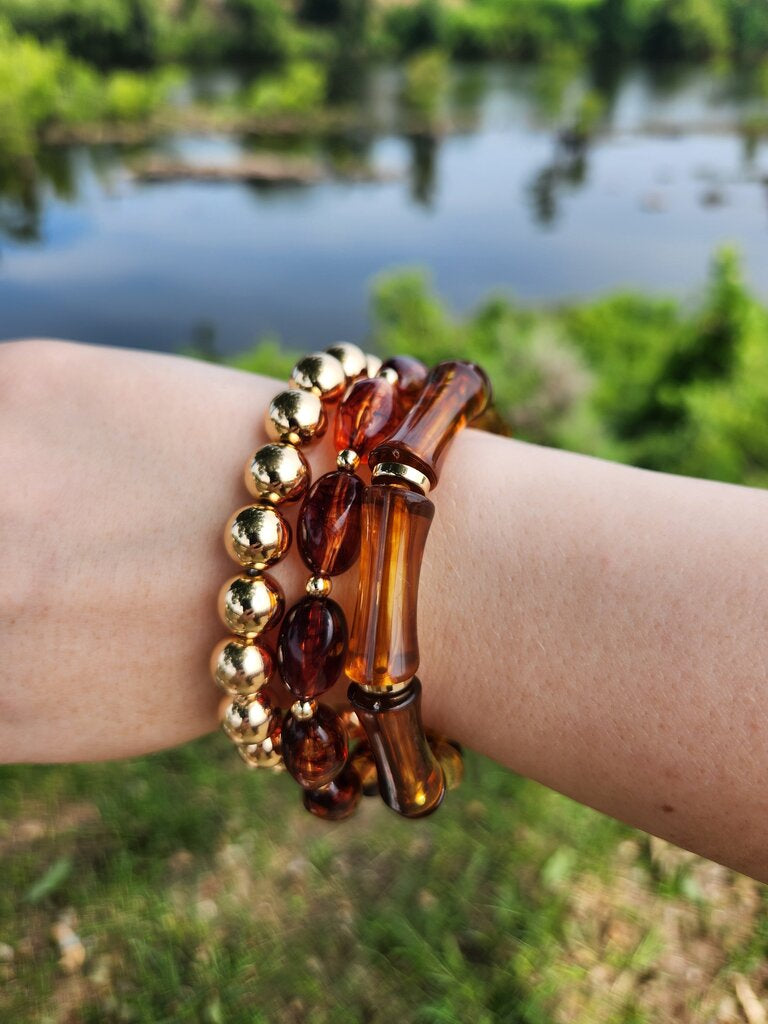 3 Row Marble Bamboo Style & CCB Ball Bracelet- Turq/GD