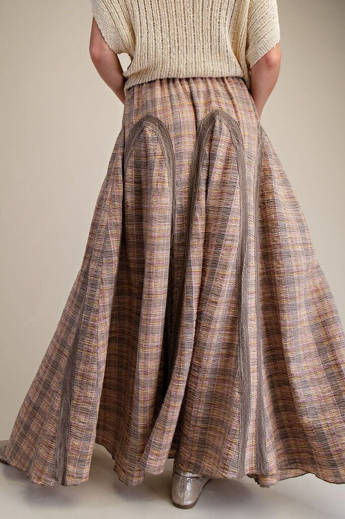 Plaid Lace Trim Maxi Skirt