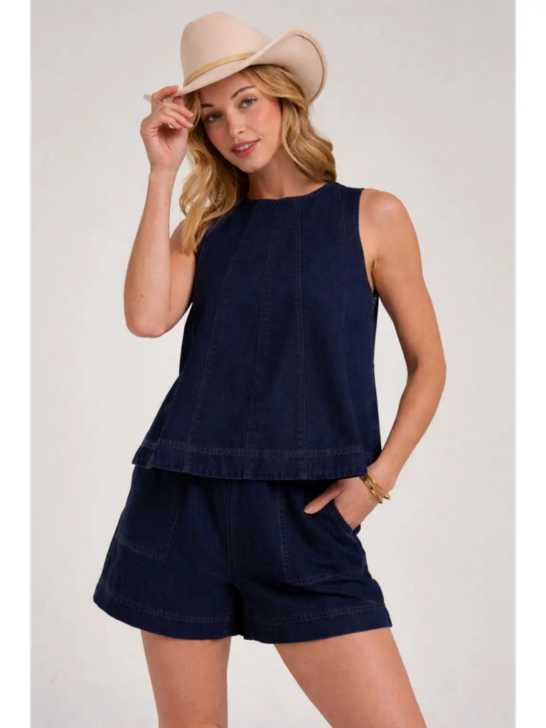 Sleeveless Denim Top & Matching Shorts Set in Navy