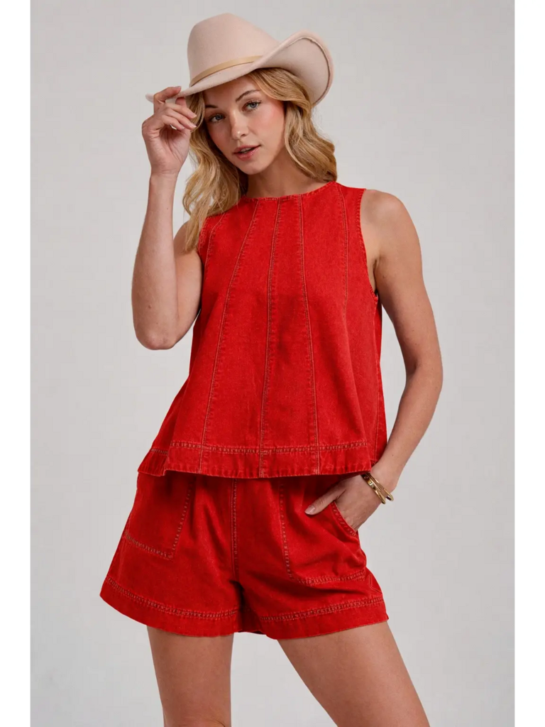 Sleeveless Denim Top & Matching Shorts Set in Red