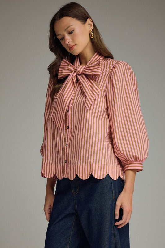 Stripe Tie Neck Blouse w/Scallop Detail