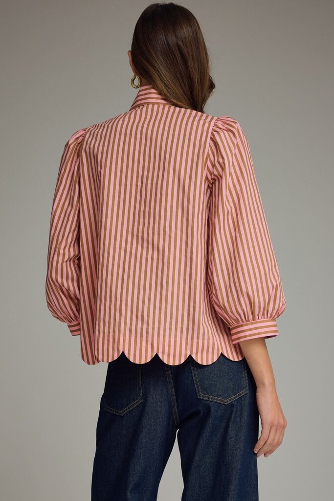 Stripe Tie Neck Blouse w/Scallop Detail