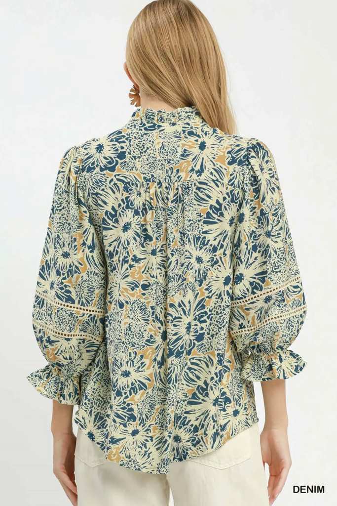 Floral Button Down with Lace Trim- Curvy