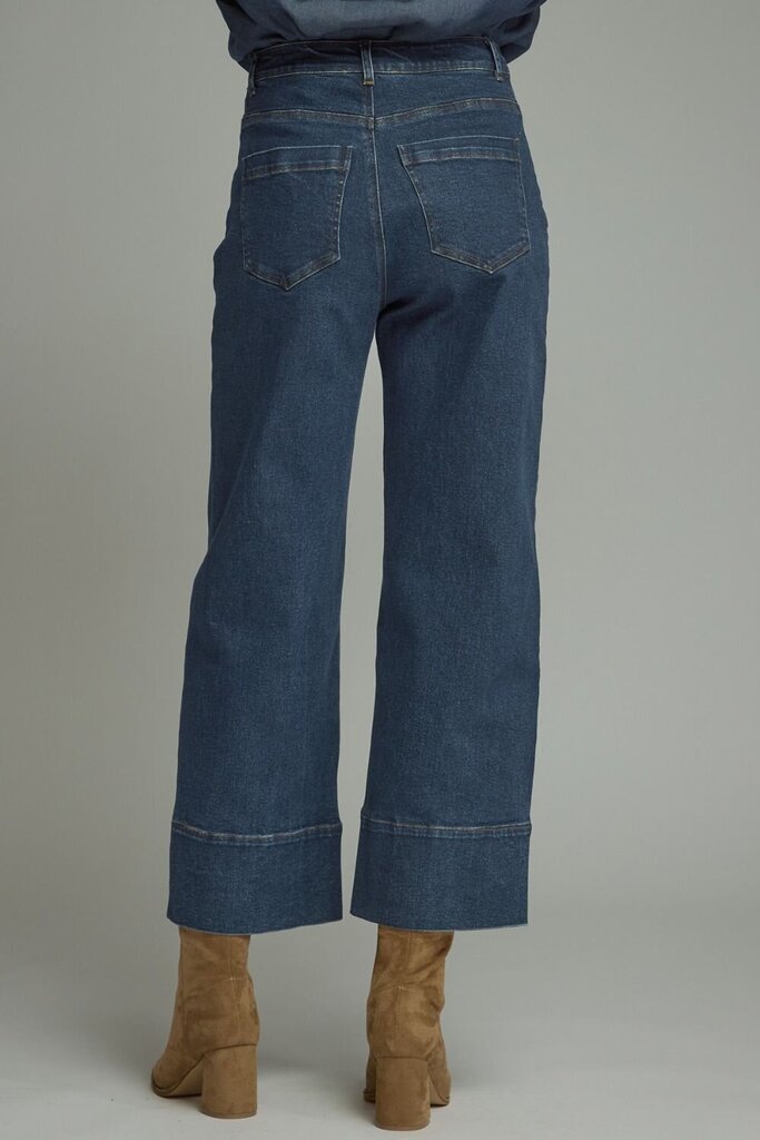 Denim pants w/front seam detail and wide hem band