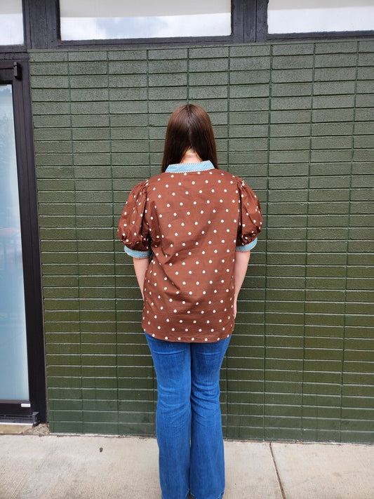 Blue Trim Polka Dot Blouse