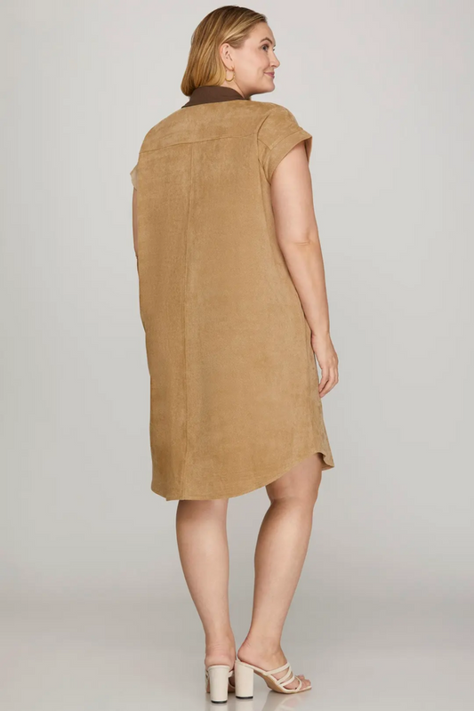 S/S Button Down Twill Suede Mini Dress