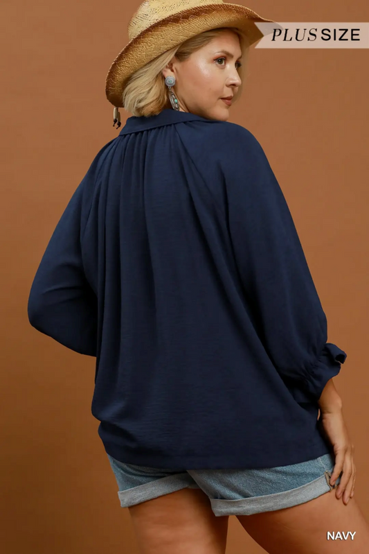 Solid Collared V-Neck Top w/Self-Binding Details in Navy