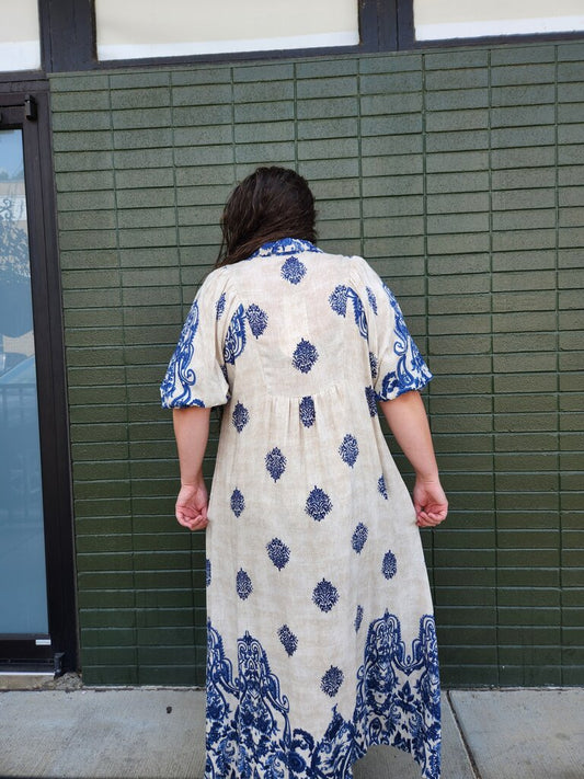 Abstract Border Print Smocked Front Yoke Midi Dress