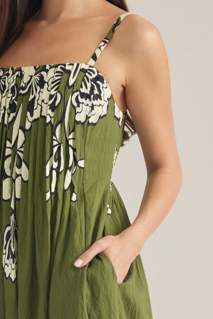 Sleeveless Olive Floral Midi Dress