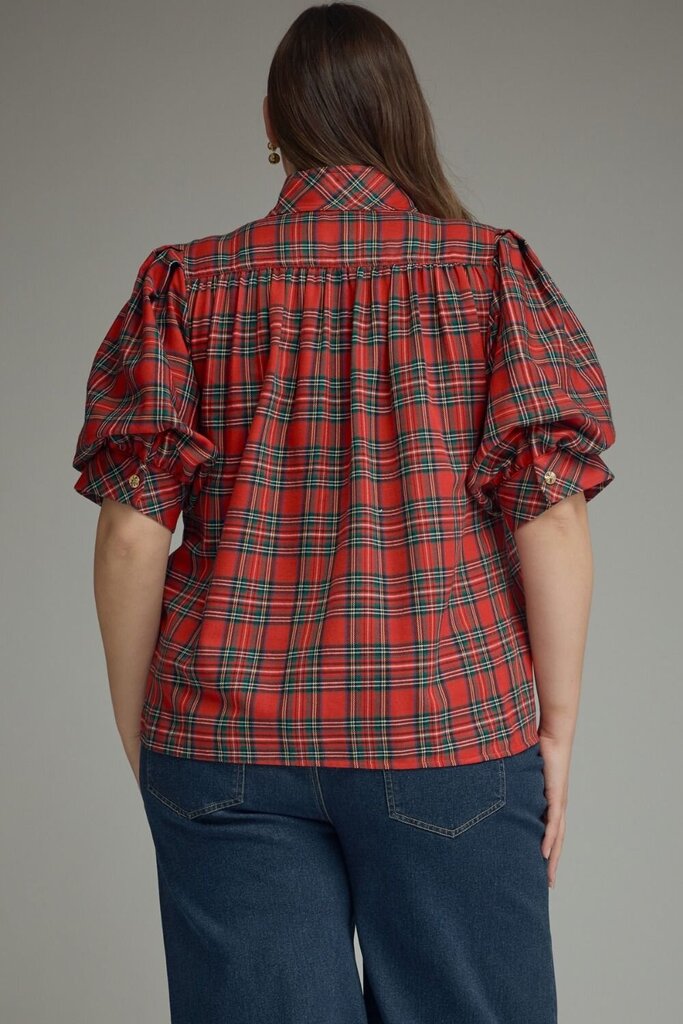 Plaid Puff Sleeve Button-Down Blouse