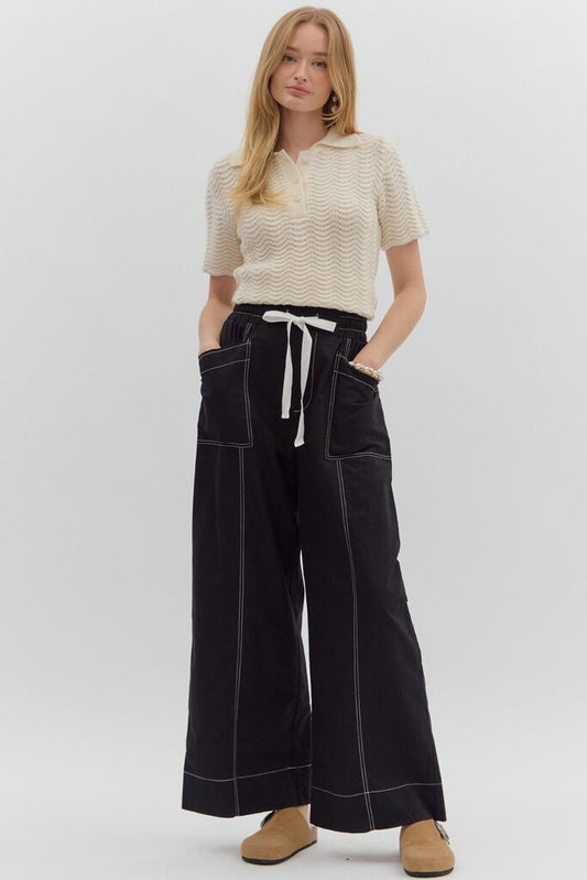 Wide Leg Stitch Detail Pants BLACK
