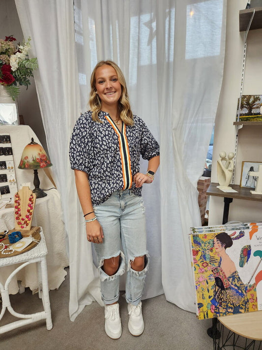 Contrast Placket Floral/Strip Top