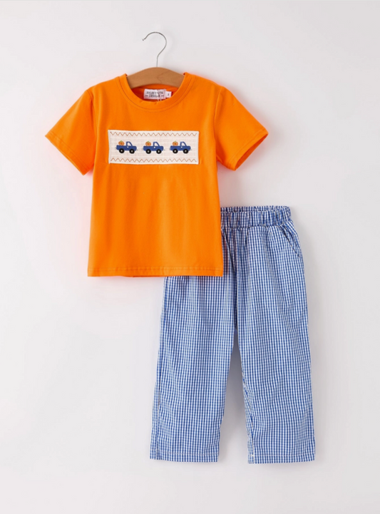 Fall Pumpkin Smocked Boy Set