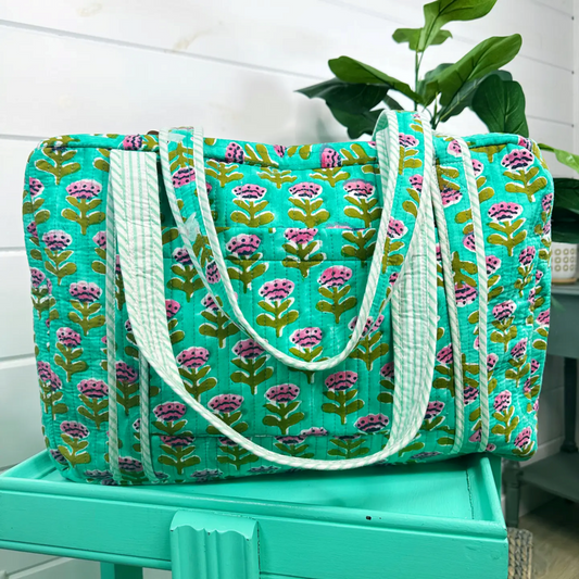 Aqua Floral Print Weekender Handmade quilted duffle bag