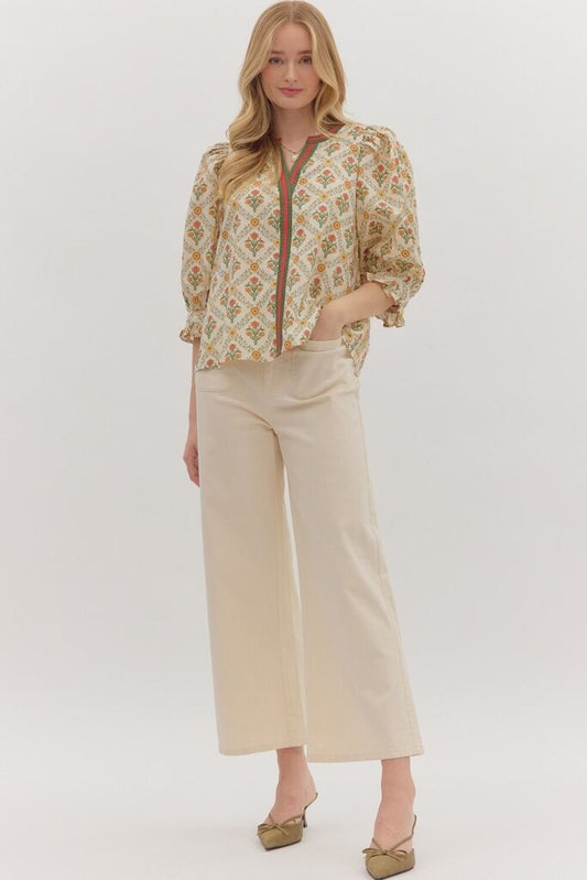 Botanical Print 3/4 Sleeve Top